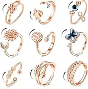 [Kakonia] 9 Pcs Fidget Anxiety Rings for Women Men Spinner Rings for Anxiety Relieving Stress Open CZ Flower Moon Star Anti Rotatable Rings Adjustable
