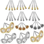 KEWAYO 44 Pcs 3mm Shaft Stainless Steel and Brass Wire Brushes, Steel Brass Bristle Brushes Polishing Wheel Cups Set, Cleaning Buffing Brush Bits for Dremel and Other Electric Drill