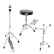 3-PACK Hi-Hat Pedal, Snare Drum Stand & Drummers Throne | GRIFFIN Percussion Kit