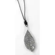 Silver Leaf Pendant Necklace With Black Cord - Bohemian Style Jewelry