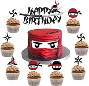 25 Pack Anime Ninja Theme Happy Birthday Cake Topper Set with Cupcake Toppers Ninja Warriors Fighters Karate Themed Kung Fu Martial Arts Cupcake Picks for Boys Birthday Party