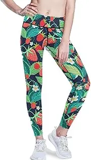 [FRODOTGV] Bright Strawberries Plant Leaves Yoga Leggings for Women Seamless Leggings 7/8 Length Yoga Pants X-Small