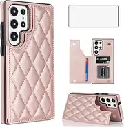 Asuwish Phone Case for Samsung Galaxy S23 Ultra 5G Wallet Cover with Tempered Glass Screen Protector and RFID Card Holder Stand Cell Accessories S23Ultra 23S S 23 23Ultra 6.8 inch Women Men Rose Gold