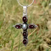 Mozambique Garnet & Labradorite Gemstone 925 Sterling Silver Cross Jewelry