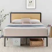 Zinus Queen Bed Frame with Black Rattan headboard and Metal Base