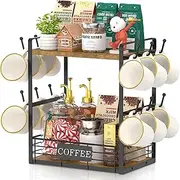 CHONYI Coffee Bar Station Organizer Mug Cup Holder Stand for Countertop,2-Tier Coffee Mug Storage Rack,Storage Shelf with 12 Hooks