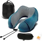 [Umerci] Memory Foam Neck Pillow with 360-Degree Head Support Lightweight Comfortable Travel Airplane Pillow with Storage Bag for Sleeping, Traveling,Car, Train, Bus and Home Use(Blue)