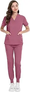 [MEDSKIN] Scrubs Set for Women - Stretch V-Neck Scrub Top & Jogger Trouser Pants with 8 Pockets