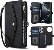XIMAND Detachable 2-in-1 Case for iPhone 15 Pro Max - Wallet Cover with Card Slots, RFID Blocking, Compatible with Magsafe Charging and Car Mount, Wrist & Crossbody Strap.(Black)
