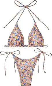 [COOLOYA] Women's Floral Print 2 Piece Bikini Sets Padded Halter Tie Side Triangle Bathing Suits, Salmon, Large