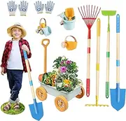 Mostop Kids Gardening Tool Set, 12pcs Wheelbarrow Set Outdoor Toy for Kids with Shovel, Rake, Leaf Rake, Watering Can and Gloves, Gardening Tools & Wagon Toy Set Birthday Gifts for Boys Girls