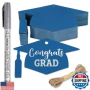 Whaline 100Pcs Blue Graduation Cap Gift Tags with Silver Marker Pen Hemp Rope