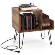 Giantex Record Player Stand Display Shelf w/Power Outlet Storage Turntable Cabinet Brown