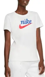 NIKE Women's XL White Varsity S/S Tee Center Logo Loose Fit