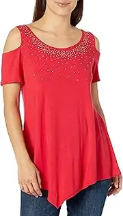 [Star Vixen] Women's Petite Str Rayon/Span Sslv Cold Shoulder Top W Gld/SIL Stud Trim
