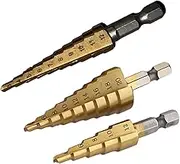 3Pcs Large HSS Steel Step Cone Drill Bit Set, Titanium Coated Hole Cutter 4-12mm, 4-20mm, 4-32mm for Steel, Brass, Wood, Plastic