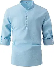 [Generic] Men's Fashion Personality Stand Up Collar Cotton Linen Buttons Half Open Long Sleeved T Shirt Men's Solid Color Stand Up Collar Long Shirt Long Sleeve Swim Shirt S-3XL