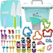 Perlli Real Kids Montessori Baking and Cooking Set for Toddlers – 44 Piece Safe Kit Including Utensils, Crinkle Cutter, Peeler, Safe Knives, & More - Educational Baking Gift Set for Ages 3+, Blue