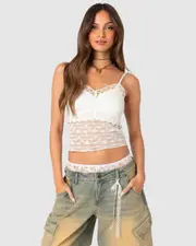 EDIKTED Womens Layered Sheer Lace Tank Top WHITE