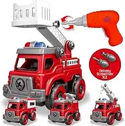 4-in-1 Take Apart Toys Cars with Electric Drill, DIY Assembly Fire Truck Toy Vehicles, Kids STEM Building Educational Toy, Best Birthday Gifts for Age 3 4 5 6 7 8 Years Old Boys Girls