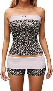 [Best Rose] Leopard Two Piece Sets Patchwork Tube Bodycon Top Fold Over Straight Leg Skinny Shorts Sexy Streetwear Sets, Leopard, Small