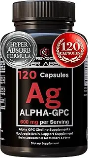 Alpha GPC Choline Supplements - 120 Hyper Absorb Capsules, 600mg Acetylcholine Supplements - Nootropics Brain Support Supplement, Advanced Memory Formula, Cognition & Focus Memory Pills for Brain Fog