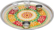 Pooja Thali Plate Engagement Plate Decorative Puja Thali with Essential Pooja Articles for Aarti Pooja Indian Traditional Festival Navratri Pooja Decoration (Size- 11 Inches)