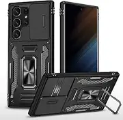 Slide Camera Case for Samsung Galaxy S23 Ultra,Kickstand with Built-in 360° Rotate Magnetic Ring Stand Shockproof Protective Armor Cover,Black