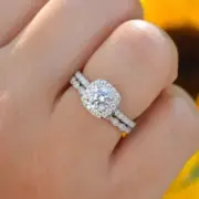 Round Halo Ring Set Solitaire Ring Engagement Ring Set Wedding Band 925 Silver