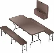 Costway Folding Picnic Table Set with 2 Benches, 3 Piece Patio Camping Set with 180cm Table & 2 180cm Benches, HDPE Rattan-Like Tabletop & Bench Top, Portable Picnic Set for Yard, Camping