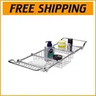 Contemporary Chrome Bath Caddy with Expandable Brass Sides for Easy Access