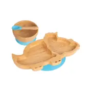 Tiny Dining Children's Bamboo Dinosaur Plate, Bowl and Spoon with Suction Cups - Segmented Design - Blue