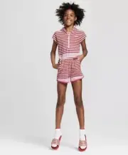 New Hunter for Target Girls Hooded Short Sleeve Romper Pink/Red Stripes XS 4/5