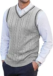 [SWJGLITTR] Mens V-Neck Knitted Sweater Vest Cable Knit Slim Fit Pullover Vests Casual Sleeveless Sweater Vest, Grey, Small
