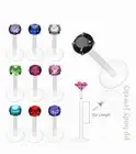 16G 14G 3/8" Bio-Flex Push-In Labret with .925 Sterling Silver Prong Set Gem Top