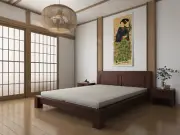 wooden platform bed with teak headboard, handmade Raku bed