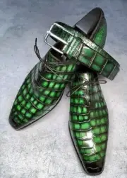 Custom Made Men's Green Alligator Print Leather Oxford Shoe With Matching Belt