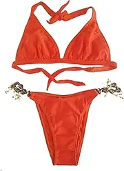 [NORDESTINA] Magali Brazilian Bikini Sexy Micro Thong 2 Pieces Swimwear with Beaded Lining, Orange, L