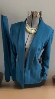 NEW DKNY Pant Suit Size 6 Jacket 4 Pants Two Piece Set Pockets Teal Ankle $230