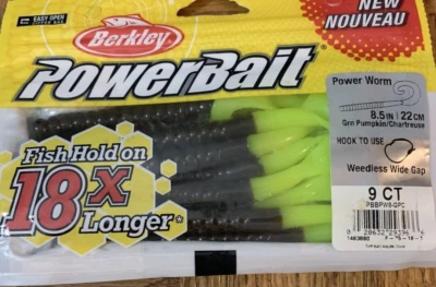 Berkley PowerBait PBBPWE8-GPC Power Worm Green Pumpkin Chartreuse-1pk 9pcs-NEW