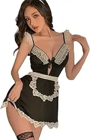 [JINZIJINYU] One Piece Lingerie for Women Pajamas Sexy Maid Open Crotch Nightdress Maid Hot Uniform Temptation Role Play Tights Black