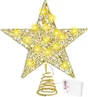 Christmas Tree Topper, 9.8 in Sparkling Star Tree Topper with 20 LED Warm Lights for Indoor Office Xmas New Year Holiday Tree Decoration(Gold)