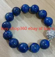 Natural 14mm Blue Lapis Lazuli Gemstone Beads Bracelet Bangle 7.5'' CZ Clasp
