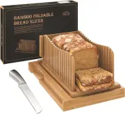 Bamboo Bread Slicer with Serrated Knife, Adjustable Bread Slicer Guide with 3 Th