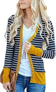 [Richcoco] Women's Striped Snap Button Down Open Front Long Sleeve Contrast Color Casual Cardigans Sweaters