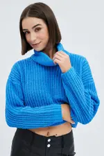 Blue Knit Jumper Turtle Neck Chenille - Size S, Women's Crop Knitted