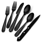 48-Piece Black Hammered Silverware Set with Steak Knives, Food Grade Stainles...