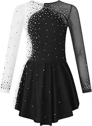 [Aislor] Kids Girls Shiny Rhinestones Skating Dance Dress Long Sleeve Round Neckline Patchwork Contrast Color Bodysuit