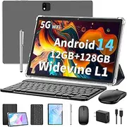 JJGJ Android 14 Tablet with Keyboard, 12GB RAM (4+8), 128GB Storage, 1TB Expandable, 8000mAh Battery, 10 Inch 2-in-1 Tablets, Includes Case, Mouse & Stylus（Black）