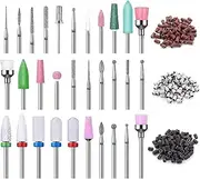 MUEYAN 31 pcs Nail Drill Bits Set with 210 Pieces Sanding Bands, 3 Colors Brown White Black Grits Efile Sanding Pieces, 3/32 Inch Drill Bits for Nails,Tungsten Carbide Nail File Bits,Nail Grinding Heads,Ceramic Nail Drill Bits for Manicure,Pedicure